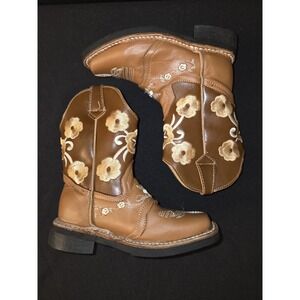 Kids Cowboy Boots Light Brown Floral Leather Rodeo Western Wear Snip Toe  Sz 8-9